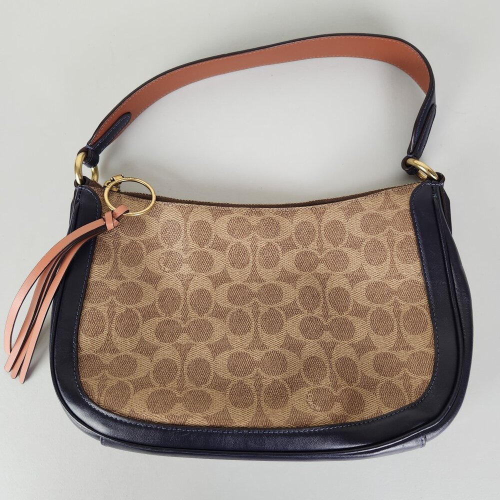Coach Shoulder Bag Womens Tan Navy Blue Sutton Signature Coated Canvas Purse